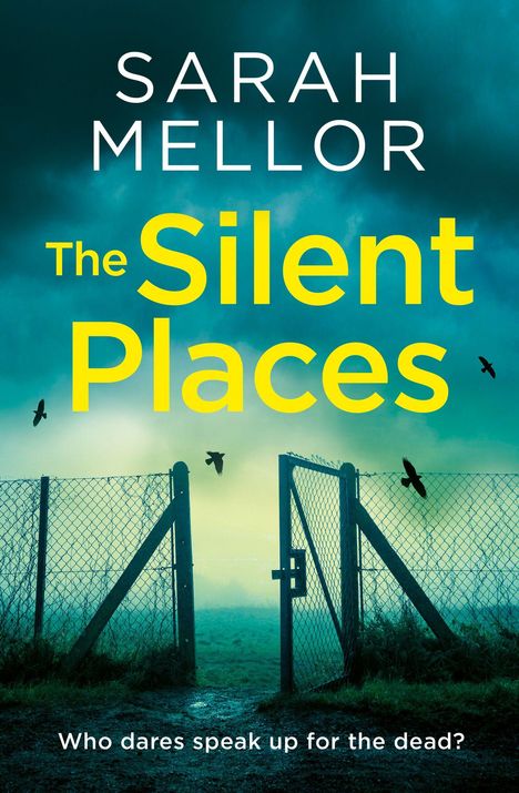 "Sarah Mellor - The Silent Places. Who dares speak up for the dead?" Eine düstere Landschaft mit einem Zaun und Krähen.