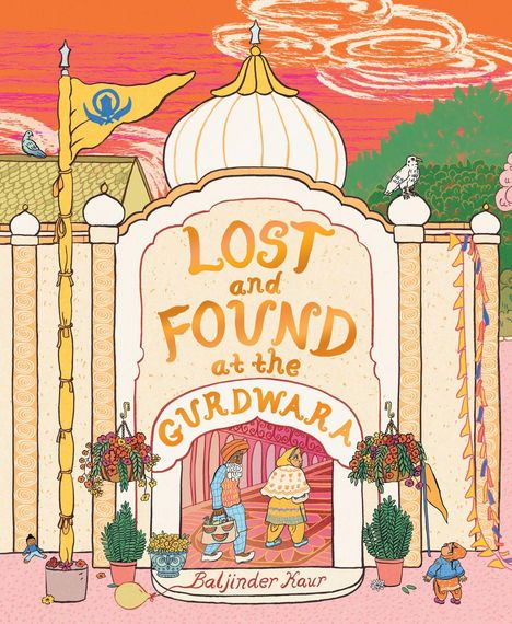 „Lost and Found at the Gurdwara“ in verspielter Schrift. Zwei Figuren unter einem Torbogen, Flagge mit blauem Symbol.