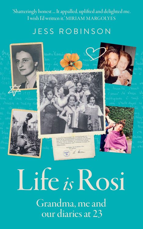 „Life is Rosi: Grandma, me and our diaries at 23“ von Jess Robinson. Fotos von Frauen, Blumenmotiv, blauer Hintergrund.