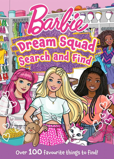 "Barbie Dream Squad Search and Find" in bunten Buchstaben, drei lächelnde Figuren vor einem offenen Kleiderschrank.