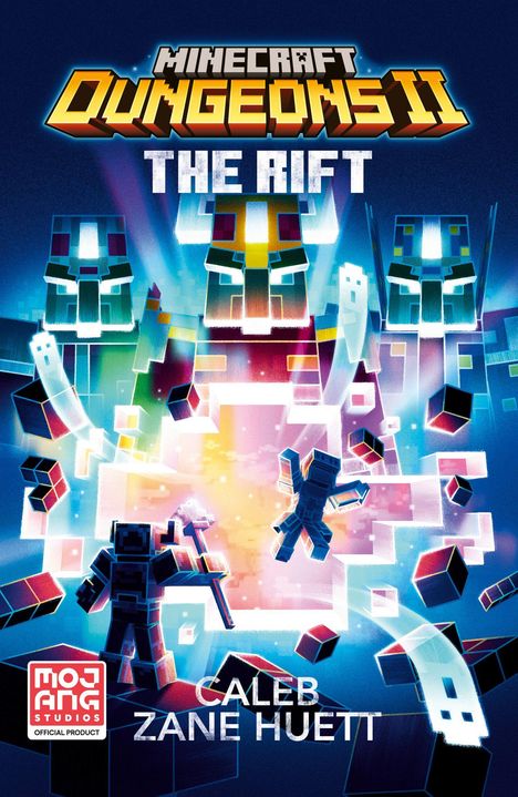 "MineCraft Dungeons II The Rift", ein farbenfrohes, leuchtendes Cover mit blockartigen Figuren und zwei großen Robotern.
