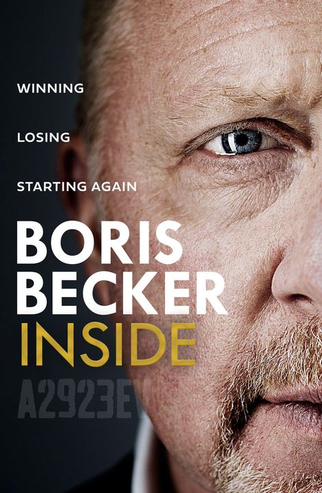 Der Text zeigt: “WINNING LOSING STARTING AGAIN BORIS BECKER INSIDE A2923EV”. Rechts ist ein halbes Gesicht abgebildet.