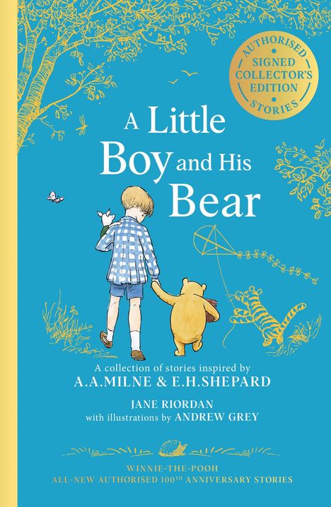 „A Little Boy and His Bear“, Illustration eines Jungen mit Bär. Goldenes Baummuster, dekorativ.