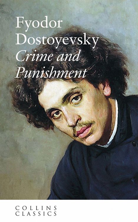 „Fyodor Dostoyevsky, Crime and Punishment.“ Illustration eines nachdenklichen Mannes mit dunklen Haaren in dunkler Kleidung.
