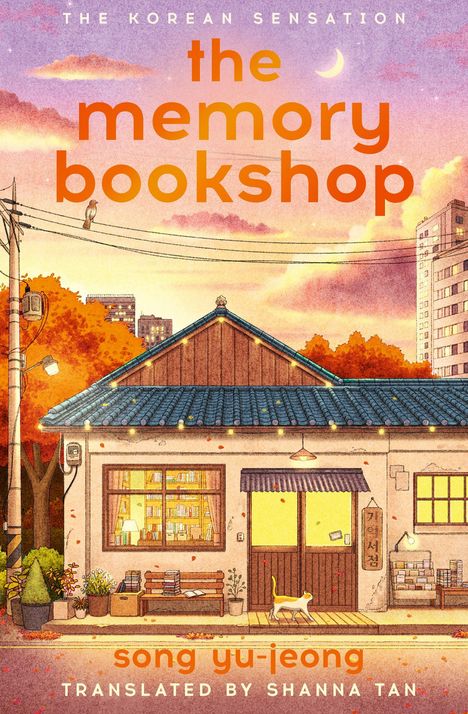 "The Memory Bookshop" von Song Yu-jeong, übersetzt von Shanna Tan. Illustration eines Buchladens in herbstlicher Umgebung.