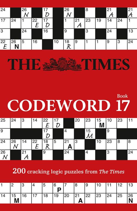 "THE TIMES CODEWORD 17", Kreuzworträtsel auf rotem Hintergrund mit Text "200 cracking logic puzzles from The Times".