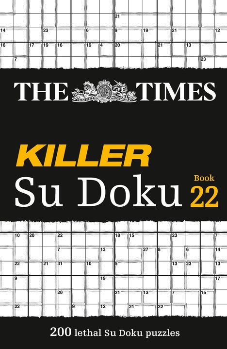 Die Worte "KILLER Su Doku Book 22" und "200 lethal Su Doku puzzles" auf schwarzem Hintergrund, darüber ein Rätselgitter.