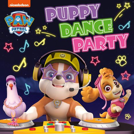 "PUPPY DANCE PARTY" steht in bunten Buchstaben. Darunter ein Hund mit Headset und ein fröhlicher Vogel an DJ-Pulten.