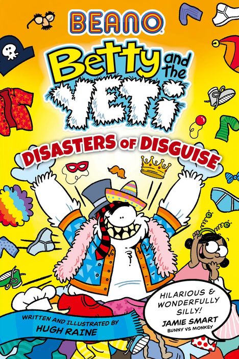 Comic-Stil, "Betty and the Yeti: Disasters of Disguise," mit bunten Verkleidungen und fröhlichen Figuren.