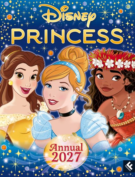 „Disney Princess Annual 2027“ steht oben und in einem goldenen Medaillon. Drei lächelnde Prinzessinnen sind abgebildet.