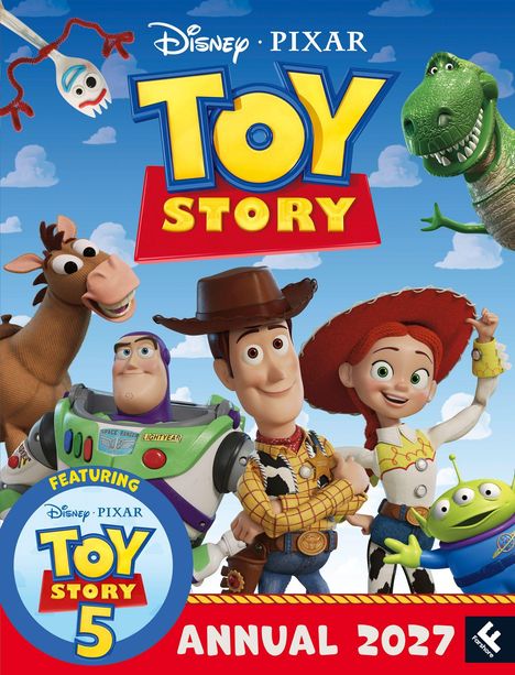 "Disney Pixar Toy Story 5 Annual 2027" zeigt Figuren wie Woody und Buzz vor einem blauen Himmel mit Wolken.