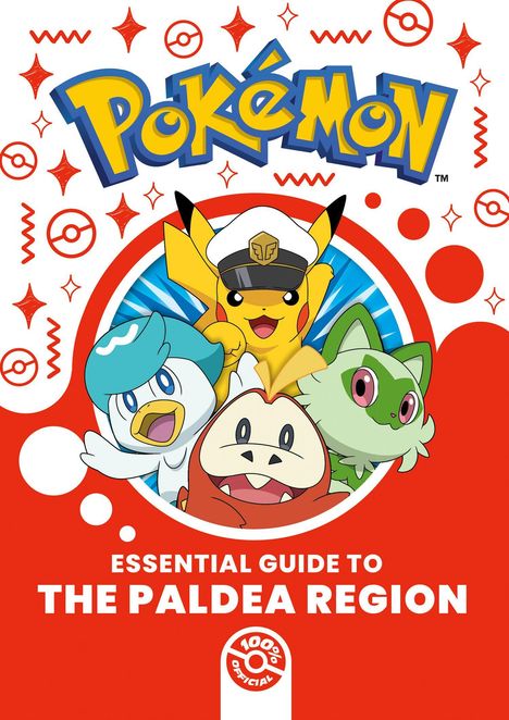 Texte: "ESSENTIAL GUIDE TO THE PALDEA REGION." Vier bunte Cartoon-Charaktere auf rotem Hintergrund, Pikachu trägt eine Mütze.