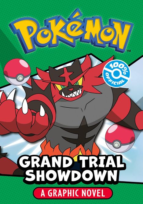 "Pokémon", "Grand Trial Showdown", "A Graphic Novel". Illustration eines roten, katzenähnlichen Wesens mit Pokébällen.