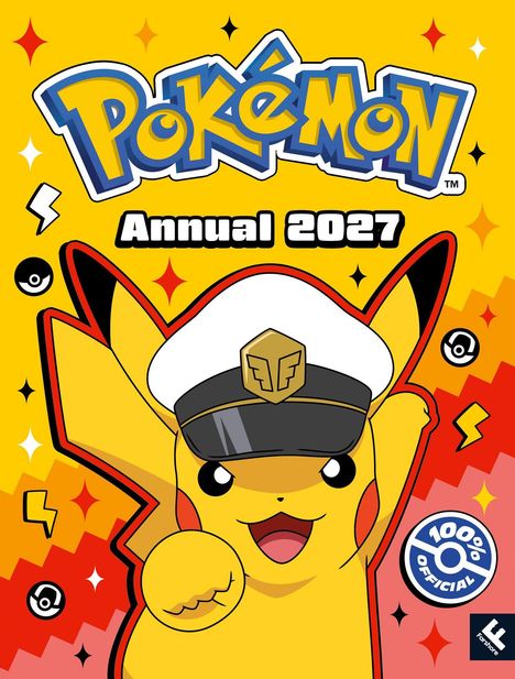 „Pokémon Annual 2027“, 100% Official. Pikachu trägt eine Pilotenkappe, umgeben von Pokébällen und Blitzen.