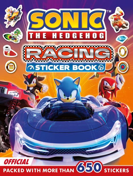 "Sonic the Hedgehog Racing Sticker Book" auf farbenfrohem Hintergrund mit Sonic in einem Auto, umgeben von anderen Charakteren und Icons.
