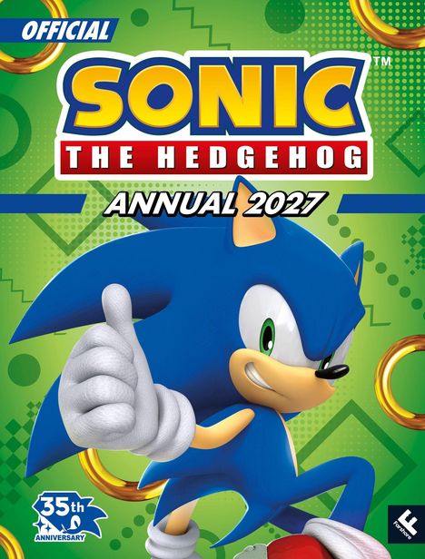 "OFFICIAL SONIC THE HEDGEHOG ANNUAL 2027", Illustration von Sonic mit Daumen hoch auf grünem Hintergrund mit Ringen.