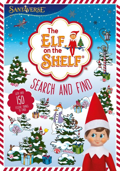 "The Elf on the Shelf: Search and Find" zeigt weihnachtliche Szene mit Elf, Schneemann, Bäumen und Geschenken.