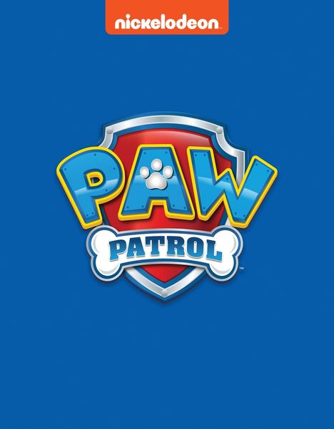 "nickelodeon" oben, "PAW PATROL" auf einem Abzeichen. Farbiges Logo auf blauem Hintergrund.