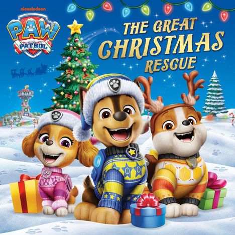"The Great Christmas Rescue" in gelber Schrift. Drei fröhliche Hunde in weihnachtlichen Outfits mit Geschenken und Lichterkette.