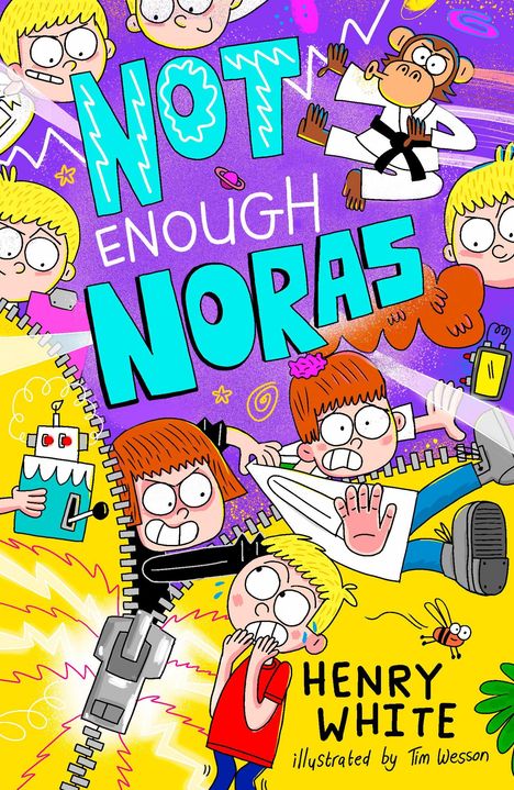 "Not Enough Noras" von Henry White. Buntes Cover mit mehreren gezeichneten Figuren und einem Reißverschluss-Muster.