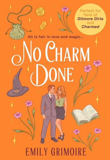 "FINAL COVER COMING SOON" in einem gelben Kreis, darunter "No Charm Done" von Emily Grimoire, mit avon Logo.