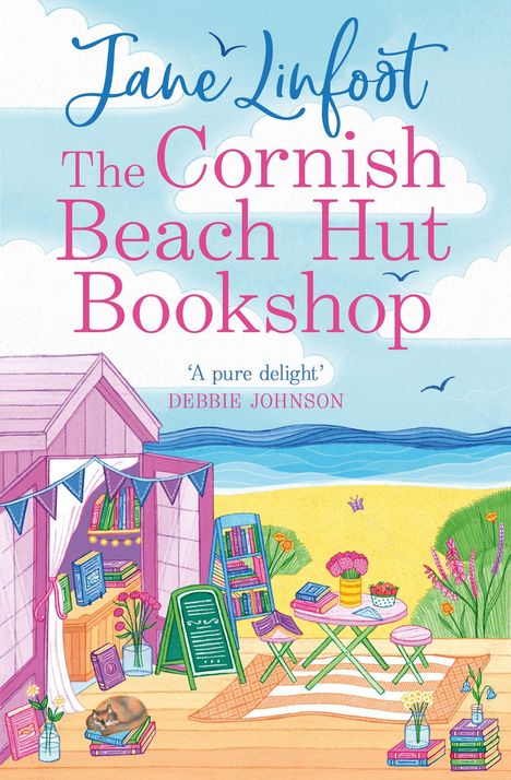 „Jane Linfoot: The Cornish Beach Hut Bookshop“. Illustration: Strandhütte, Bücher, Tisch, Blumen, Katze.