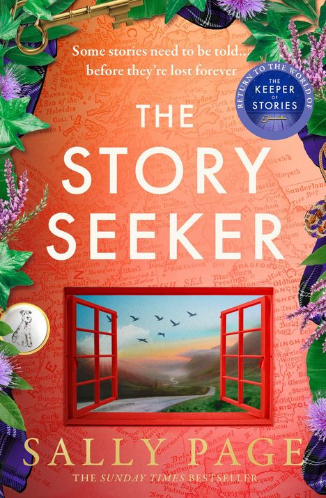 Text: "THE STORY SEEKER" und "SALLY PAGE" in großer Schrift, "COVER TO BE REVEALED" klein. Hintergrund: roter Farbverlauf.