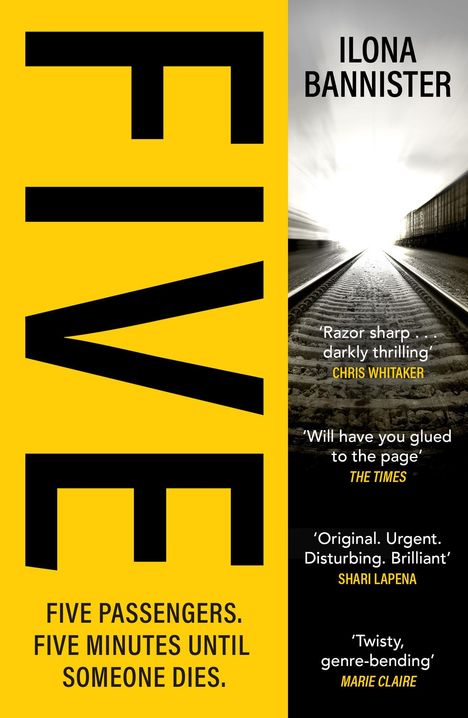 "FIVE. FIVE PASSENGERS. FIVE MINUTES UNTIL SOMEONE DIES." Links gelber Hintergrund, rechts Bahngleise in der Ferne.