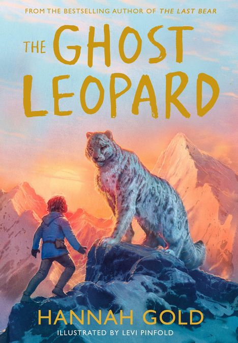Text: "The Ghost Leopard" von Hannah Gold. Illustration: Kind und Geisterleopard auf einem Berggipfel bei Sonnenuntergang.