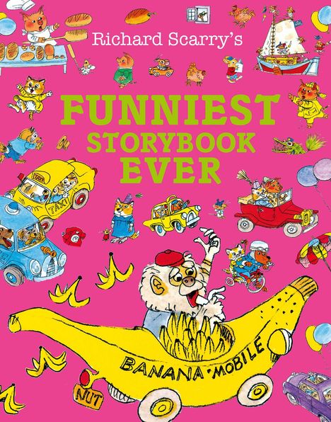 "FUNNIEST STORYBOOK EVER" steht in großen, grünen Buchstaben. Bunte, lustige Tierillustrationen auf pinkem Hintergrund.