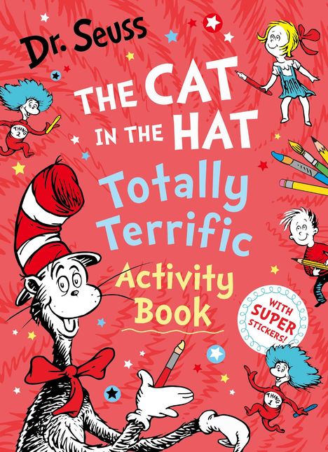 Text: "Dr. Seuss The Cat in the Hat Totally Terrific Activity Book with Super Stickers." Illustration der Katze mit Hut.