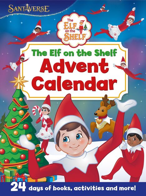 "The Elf on the Shelf Advent Calendar" in großen Buchstaben. Fröhliche Elfen in roten Outfits, ein geschmückter Baum und Geschenke.