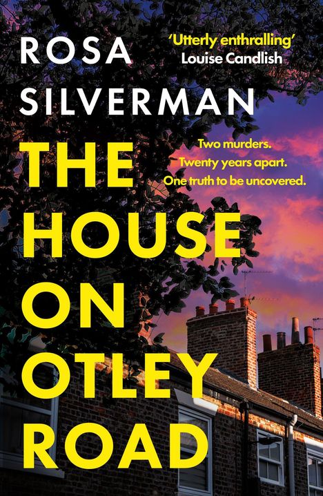 Titel: THE HOUSE ON OTLEY ROAD. Ziegelhäuser im Vordergrund, Sonnenuntergang mit lila und rosa Wolken im Hintergrund.