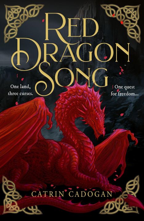 Titel: "Red Dragon Song". Darunter: "One land, three curses. One quest for freedom...". Roter Drache vor düsterem Hintergrund.