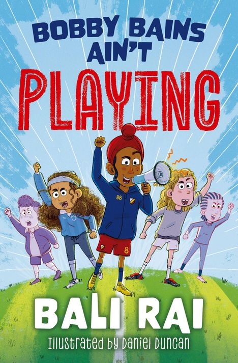 Text: "Bobby Bains Ain't Playing" in großen Buchstaben. Darunter Kinder, die sich freuen und jubeln.