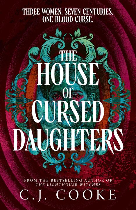 "THE HOUSE OF CURSED DAUGHTERS" in großen Buchstaben, zentral vor einem opulenten, ornamentalen Muster.
