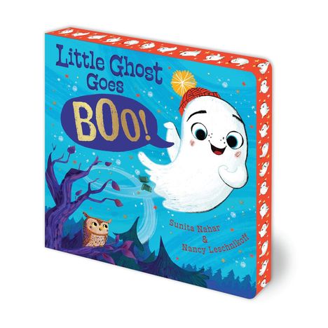 "Little Ghost Goes BOO!" von Sunita Nahar & Nancy Leschnikoff. Ein kleiner Geist mit Mütze schwebt fröhlich über einem Wald.