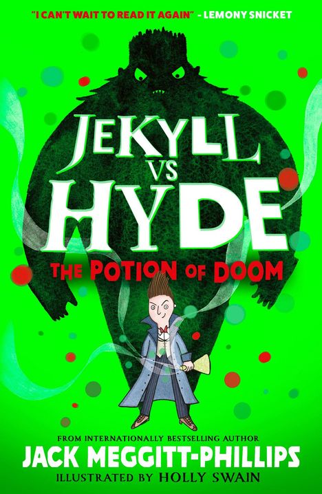 "JEKYLL VS HYDE: THE POTION OF DOOM" in großen Buchstaben. Illustration: Ein kleiner Mann vor einem großen, dunklen Monster.
