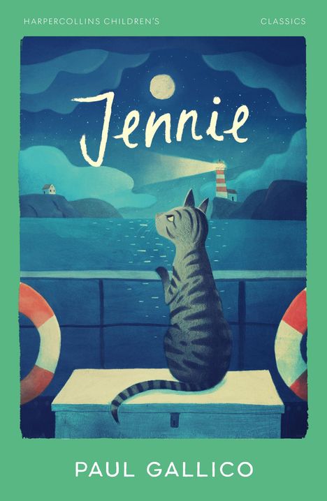 „Jennie“ und „Paul Gallico“ auf einem grünen Rahmen. Illustration einer Katze, die aufs Meer und einen Leuchtturm blickt.