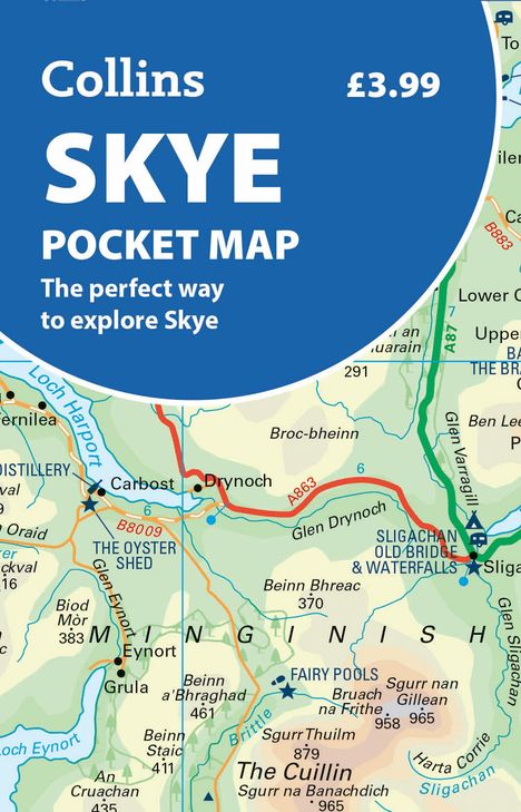 „Collins Skye Pocket Map, £3.99, The perfect way to explore Skye.“ Karte von Skye mit Orts- und Straßennamen.