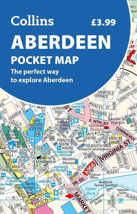 "Collins Aberdeen Pocket Map, £3.99. The perfect way to explore Aberdeen." Stadtplan von Aberdeen mit Straßen und Orten.
