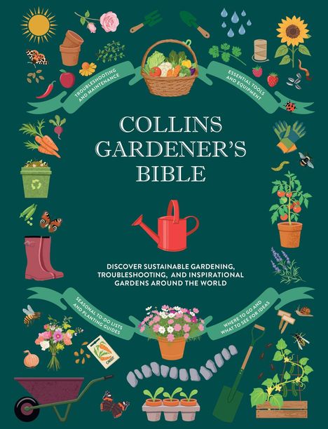 "COLLINS GARDENER'S BIBLE"; Illustrationen von Gartengeräten, Pflanzen und Tieren auf grünem Hintergrund.
