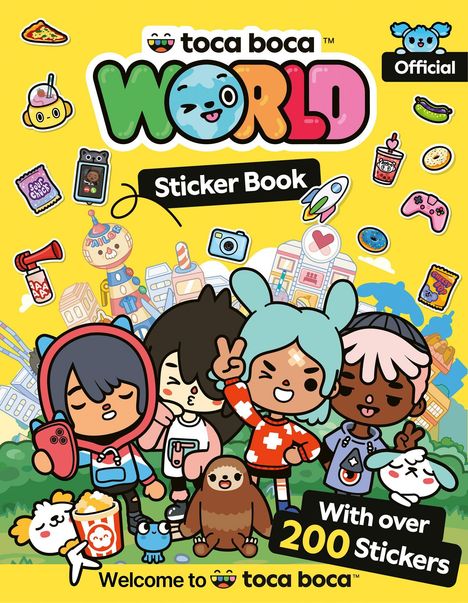 "toca boca WORLD Sticker Book. Offiziell. Mit über 200 Stickern. Willkommen bei toca boca." Vier fröhliche Figuren mit Tieren.