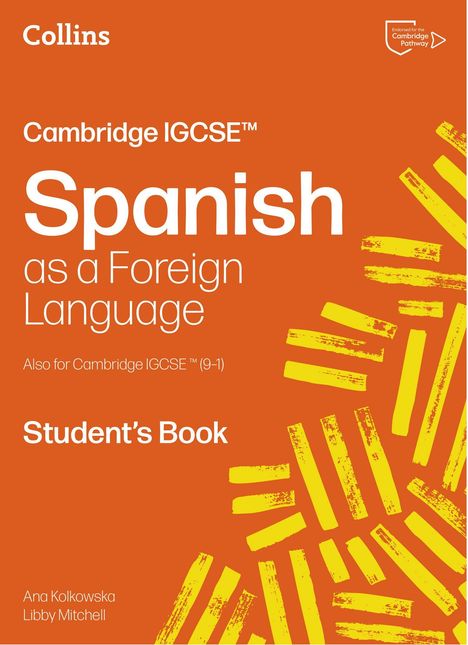 Oben links "Collins", rechts ein Cambridge-Logo. "Spanish as a Foreign Language" in Weiß auf orange. Gelbe Muster rechts.