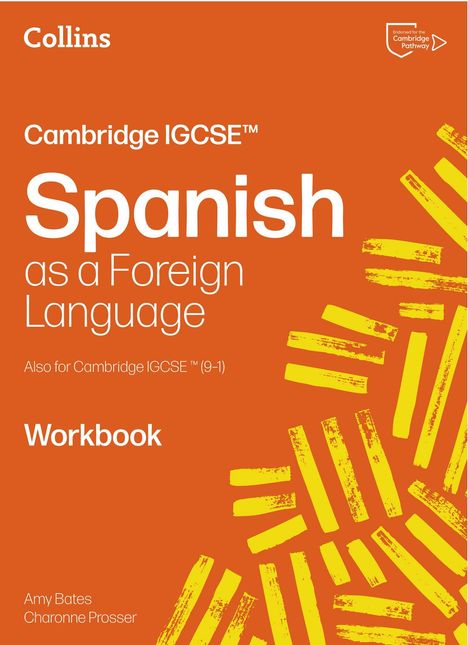 Titel: Cambridge IGCSE™ Spanish as a Foreign Language Workbook. Orange Hintergrund, gelbes Muster.