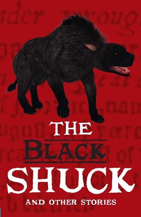"The Black Shuck and Other Stories" in weißen und schwarzen Buchstaben vor rotem Hintergrund mit großem, schwarzem Hund.