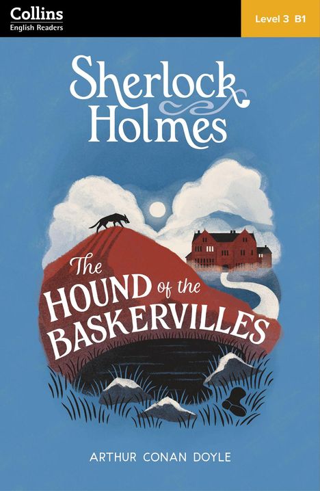 „Sherlock Holmes: The Hound of the Baskervilles“ vor einer Illustration mit einem Hund und einem Anwesen.