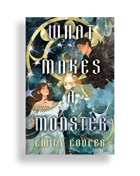 "What Makes a Monster" und "Emily Cooper". Eine Frau in Weiß und ein Mann mit Flügeln, umgeben von Sternen und blauen Wirbeln.