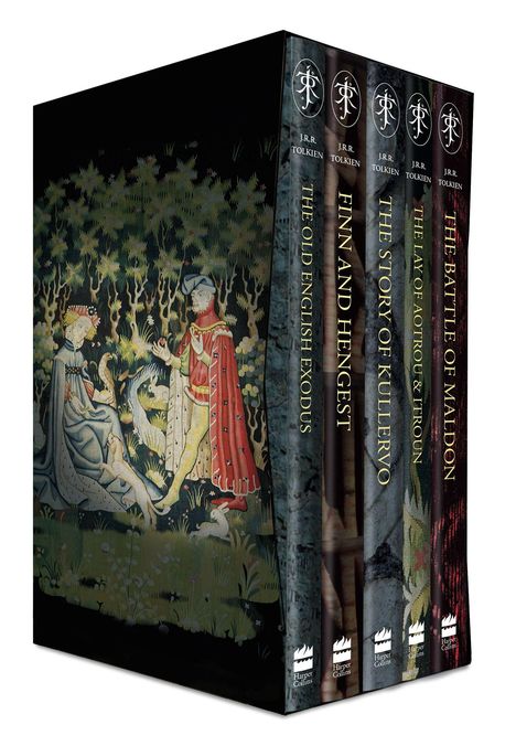 Buchtitel: "The Old English Exodus", "Finn and Hengest", "The Story of Kullervo", "The Lay of Aotrou & Itroun", "The Battle of Maldon". Eine mittelalterliche Illustration zeigt eine Frau und einen Mann in einem Wald.