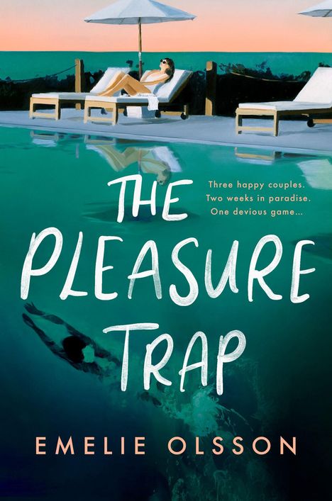 "The Pleasure Trap", Emelie Olsson; obige Frau auf Liege mit Schirm, unten tauchender Mann im Pool, entspannte Strandatmosphäre.
